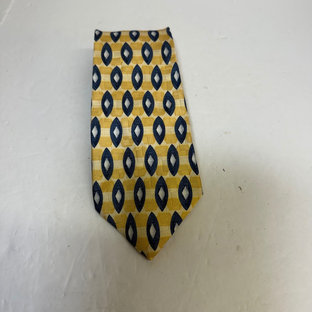 Stafford Executive Mens Silk Tie Yellow Navy Blue Geometric Diamond Italy